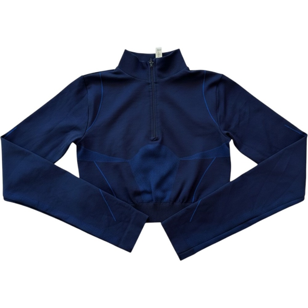 Kimberly C Quarter Zip Active Top Womens Medium Navy Blue Cropped Long Sleeve